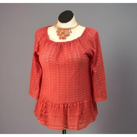 Crotchet Lace Coral Sz S Top Gathered Hem Orange Shirt Round Neckline 3/4 Sleeve - Picture 1 of 13